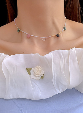 春夏彩色串珠子小众短项链锁骨链