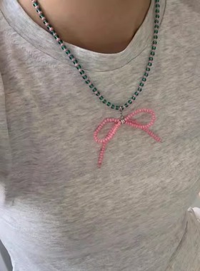 手作绿粉串珠锁骨链蝴蝶结