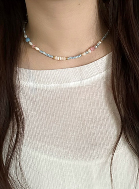清新粉蓝小众串珠项链