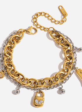 静俏设计感趣味风18K金不锈钢金银拼色白色爱心锆石锁吊坠手链