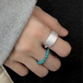 s925银天然石拉丝宽银片弹力串珠子戒指质感小众冷淡感食指中指环