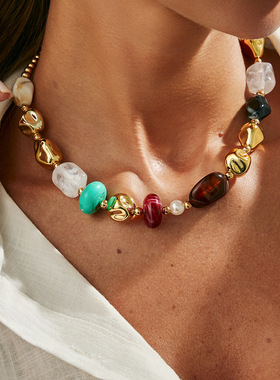 欧美跨境民族风晕染不规则串珠项饰品 复古美拉德锁骨仿珍珠项链