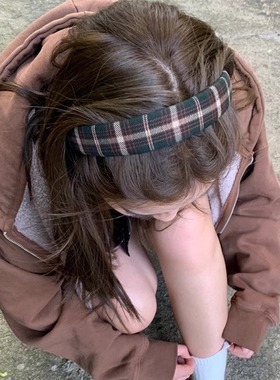 BM美式复古绿色格子发箍女百搭宽边成人头箍发饰女春秋学院小香风