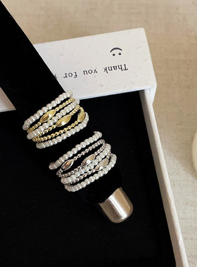 多层珍珠串珠叠戴戒指女