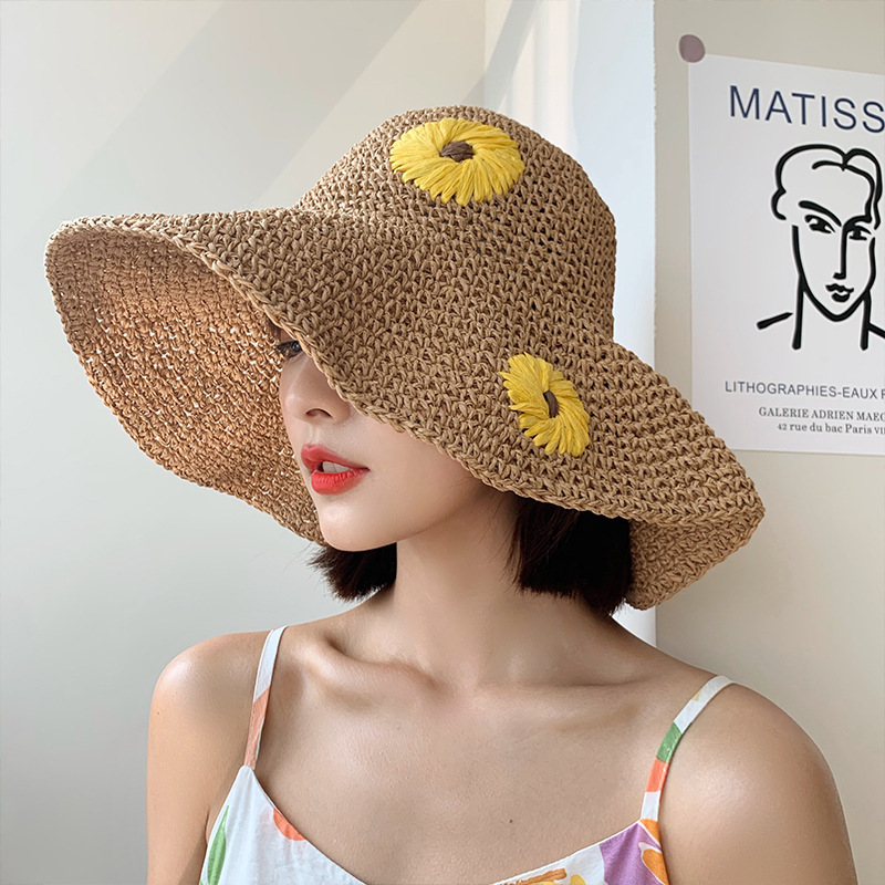 夏季日系甜美草帽女可折叠防晒海滩帽手绣小雏菊太阳帽