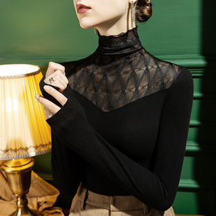 蕾丝拼接德绒打底衫女长袖秋冬新款修身内搭高领洋气小衫保暖上衣