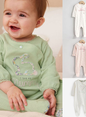 现货正品英国NEXT女宝宝纯棉连身衣新生婴儿长袖单排扣包脚连体衣