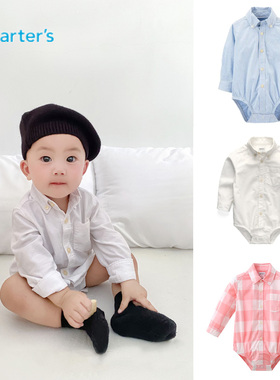 包邮美国Carter's男宝宝春秋白色衬衣婴儿纯棉长袖绅士包屁衬衫