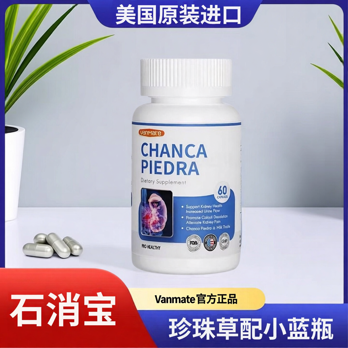 石消宝去解石宝珍珠草胶囊排除肾脏肾石结晶Vanmate美国高端进口