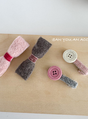 超乖奶呼呼粉色蝴蝶结发夹针织纽扣一字鸭嘴夹气质手工原创发饰