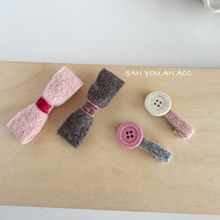 超乖奶呼呼粉色蝴蝶结发夹针织纽扣一字鸭嘴夹气质手工原创发饰