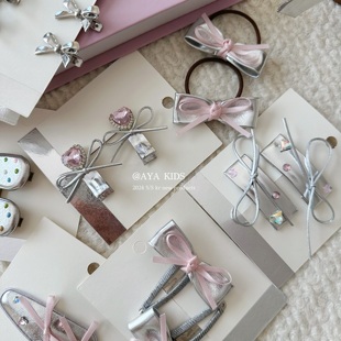 甜酷·银粉色系儿童发饰蝴蝶结发夹可爱宝宝洋气刘海BB夹ins韩版
