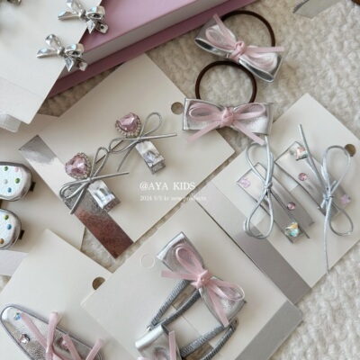 甜酷·银粉色系儿童发饰蝴蝶结发夹可爱宝宝洋气刘海BB夹ins韩版