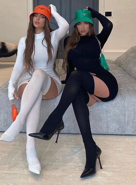 欧美时尚修身纯色百搭长袖连衣裙不规则设计包臀裙配性感袜子潮女