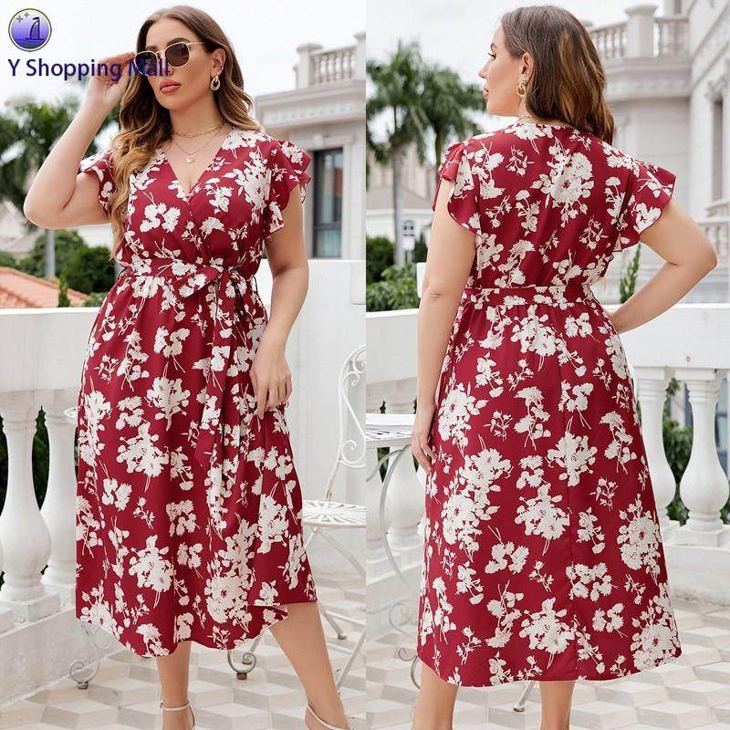 summer flower print women plus size dress 夏季大码显瘦连衣裙