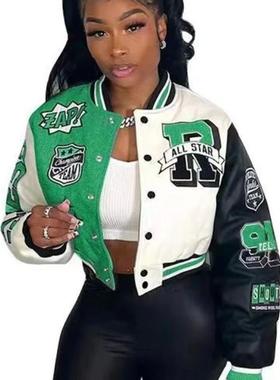 Womens color blocking printed baseball jersey拼色印花棒球服