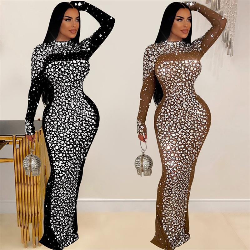 Mesh Diamonds Hot Rhinestones Dress Evening Birthday Dresses