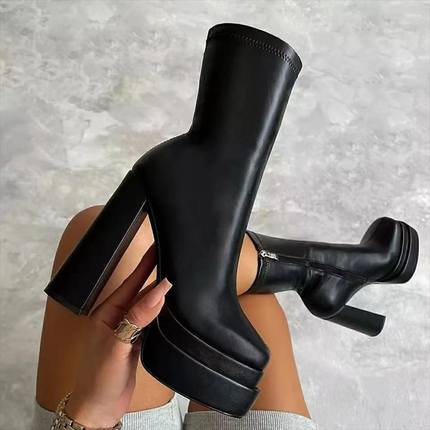 women high heel boots pu leather boots size 43高跟中筒靴皮靴