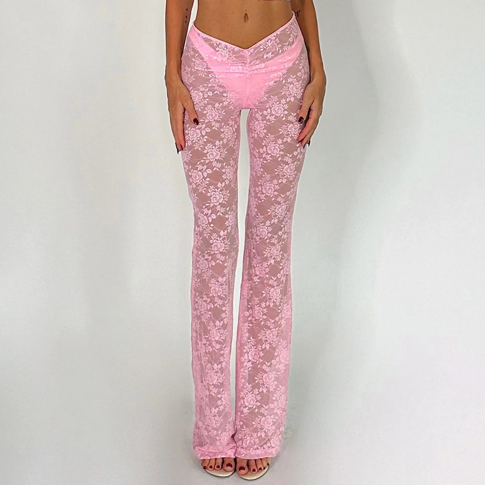 Lace mesh perspective micro flared pants蕾丝网纱透视微喇长裤