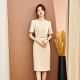 气质短袖 米白藏青色极简修身 连衣裙工作服中长 女新款 2026年春夏季