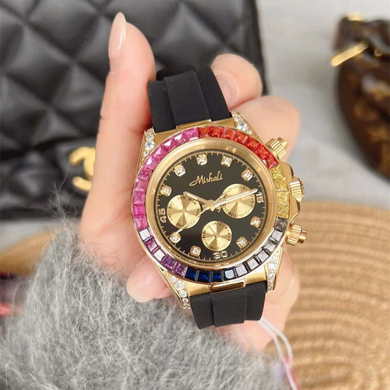 迪通拿彩虹圈手表女士大表盘霸气奢华镶钻名牌硅胶高级感女表防水