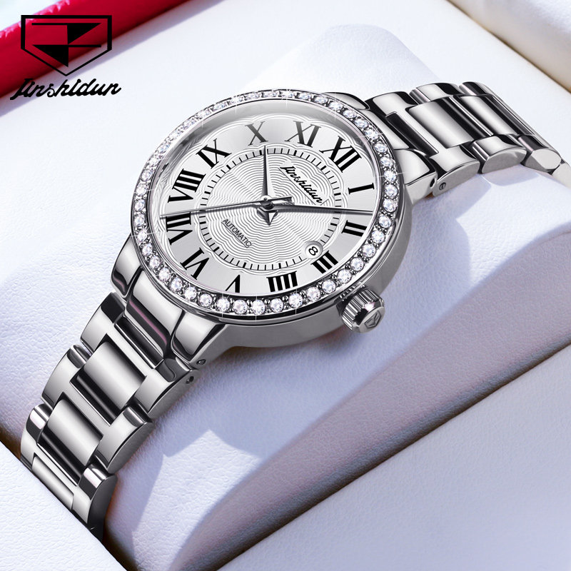 瑞士品牌金仕盾手女士机械表全自动罗马镶钻锆石名牌大气通勤女表