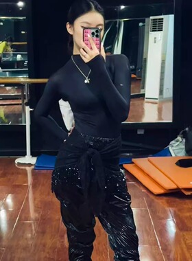 Cold star拉丁舞服秋冬新款成人女士练功服黑色漆皮裤训练服套装
