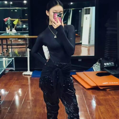 Cold star拉丁舞服秋冬新款成人女士练功服黑色漆皮裤训练服套装