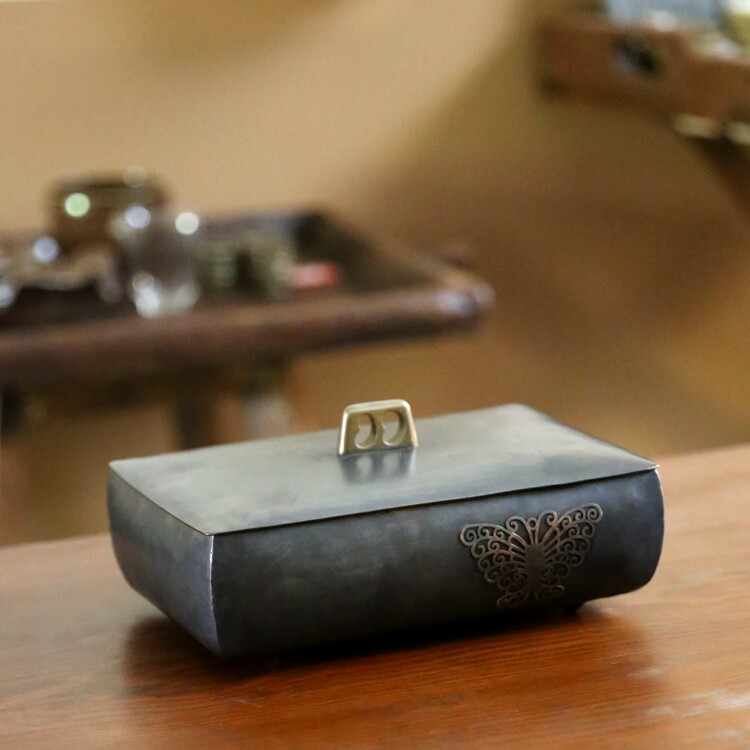 蝶梦矩形铜盒 加厚手工红铜桌面收纳器金属糖果盒诧寂风民宿摆件