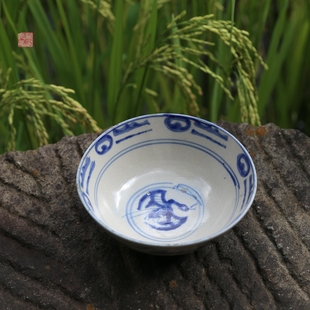古董青花残碗 老物件云南古旧茶碗260ml手工钴料茶器壶托带瑕疵