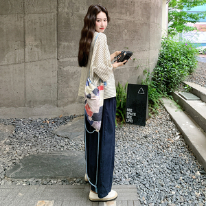 法式复古氛围感条纹上衣套装女2025夏季新款高腰休闲阔腿裤两件套图片