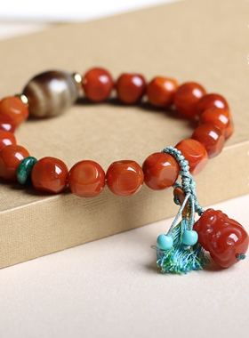 （AAA)南红玛瑙雕刻面手串文玩貔貅藏饰天圆地方天珠手链