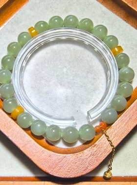 （金标026)天然和田玉手串卡8mm配蜜蜡绿松滴流原88元