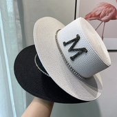 英伦名媛水钻M平顶草帽女韩版 百搭度假旅游遮阳帽ins网红同款 礼帽