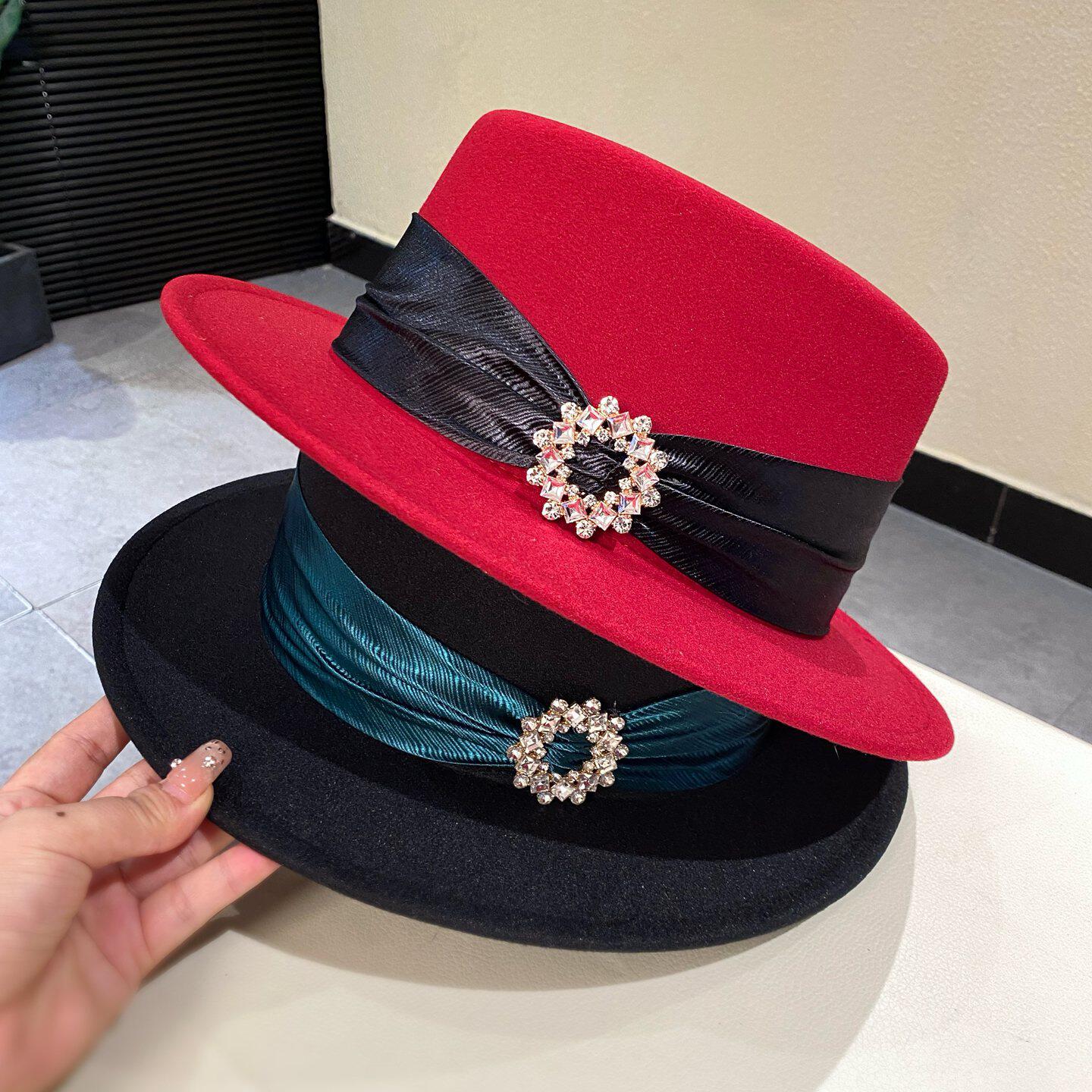 网红ins秋冬毛呢平顶帽宽檐英伦复古百搭显脸小爵士帽时髦礼帽女