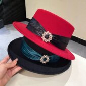 网红ins秋冬毛呢平顶帽宽檐英伦复古百搭显脸小爵士帽时髦礼帽女