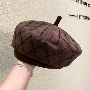 高级感复古洋气水钻黑色贝雷帽子女秋冬时髦名媛风优雅八角画家帽