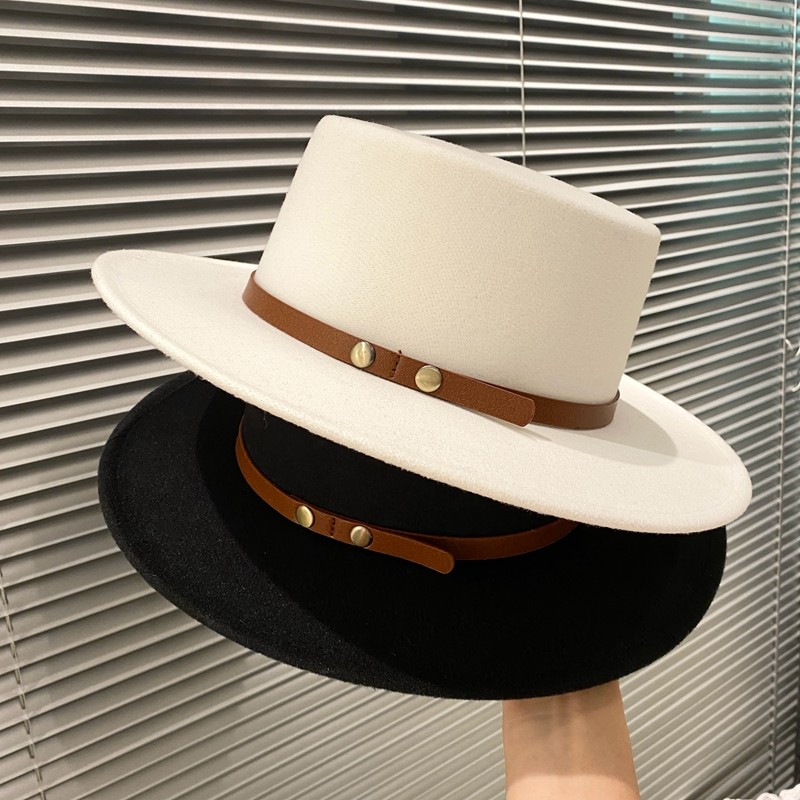 欧美风复古宽檐平顶帽女休闲时尚网红皮带毛呢礼帽秋冬黑色爵士帽