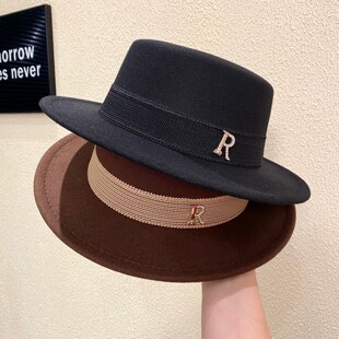 秋冬新款英伦复古短檐平顶帽子女气质时髦百搭毛呢小礼帽爵士帽男