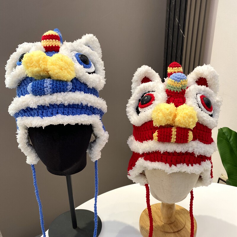 手工网红虎头帽秋冬保暖针织护耳亲子帽可爱显脸小毛线新年醒狮帽