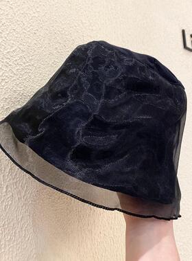 黑色网纱渔夫帽女春夏日系遮脸薄款透气遮阳盆帽显脸小百搭水桶帽