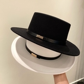 秋冬平顶毛呢帽子女时尚 百搭复古黑色礼帽英伦欧美风宽檐爵士帽男