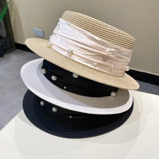 女士平顶草编珍珠丝带短帽沿小礼帽气质显脸小春夏遮阳帽米色帽子