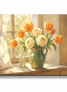 窗边繁花 diy数字油画 复古花艺静物温柔治愈居家装饰画丙烯油画