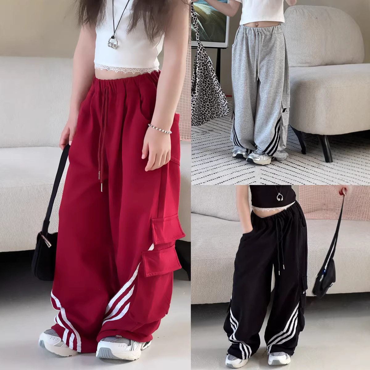 女童美式潮牌休闲裤儿童织带拼接设计嘻哈街舞阔腿裤卫裤2026春款