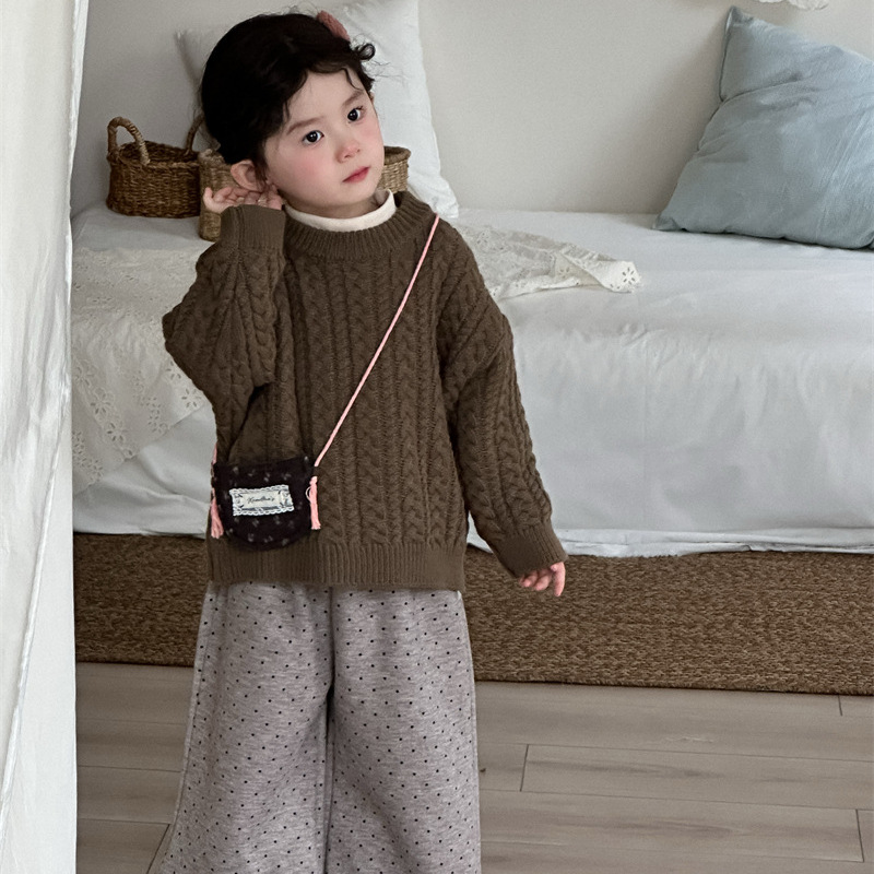 2025秋冬新款儿童韩版麻花纯色圆领毛衣女童宝宝蕾丝贴标毛线衣