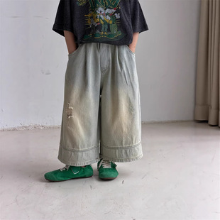 2026夏季新品儿童做旧砂洗破洞牛仔裤阔腿裤男女童韩版宽松九分裤