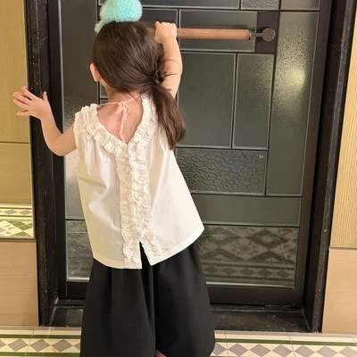 夏季女童后背V领褶皱无袖衬衫