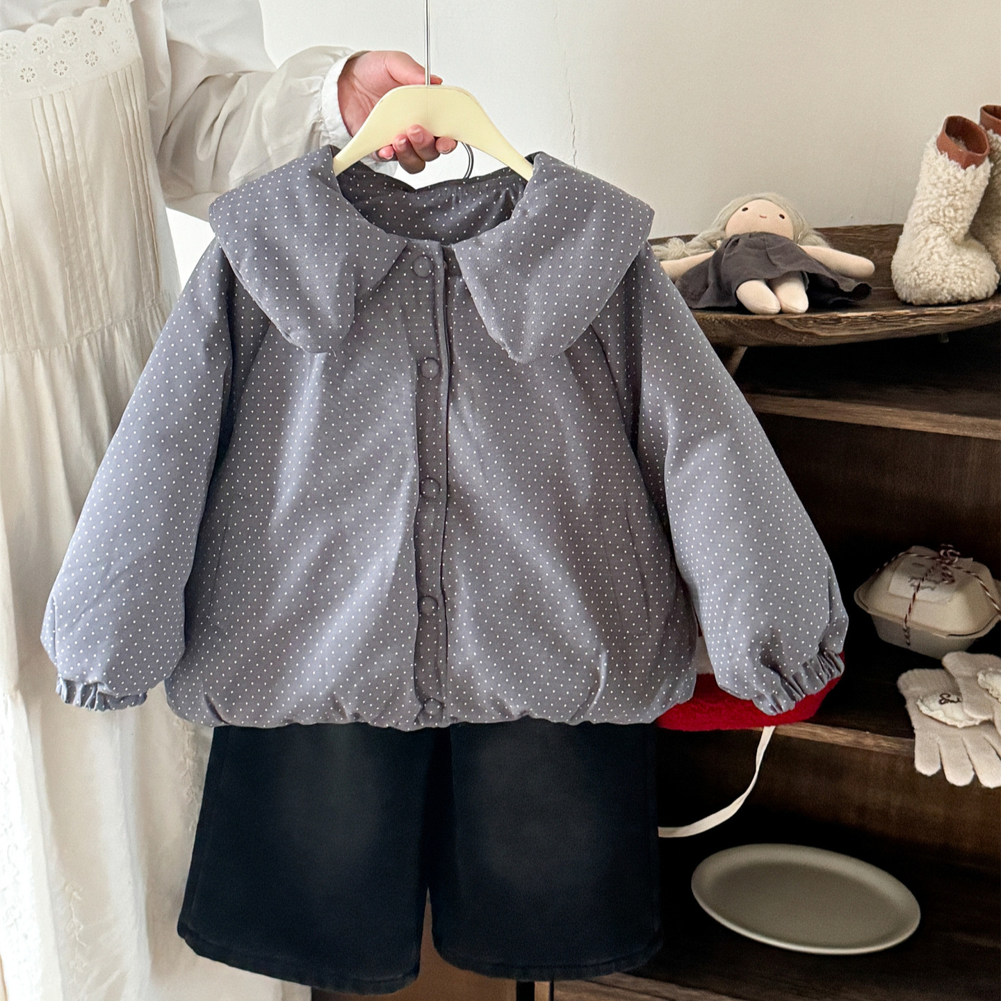 女童波点夹棉加厚棉袄外套白鸭绒