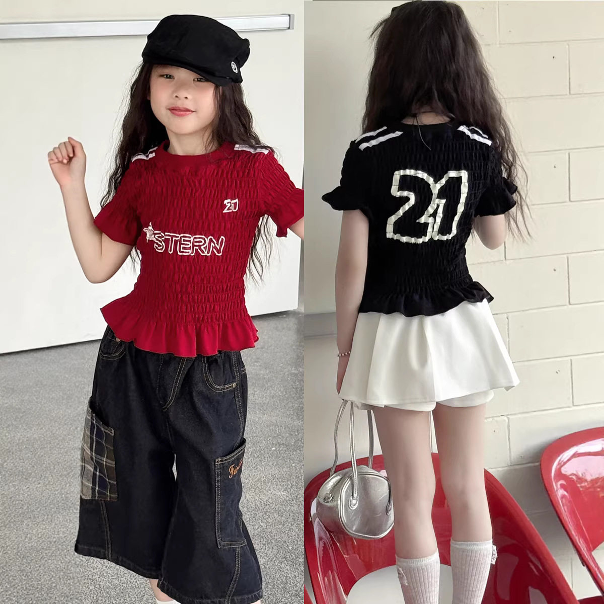 2026女童T恤衫修身短袖花边设计感T恤 儿童夏季褶皱印花球服上衣